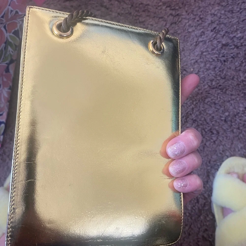 Ralph Lauren Leather Metallic Gold Mini Crossbody Bag Rope Handles Mirror - Picture 4 of 8